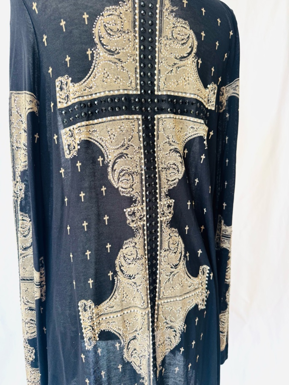 Vocal Black Sheer Embellished Cross Cardigan | Studded Gothic Boho Duster - Picture 8 of 11
